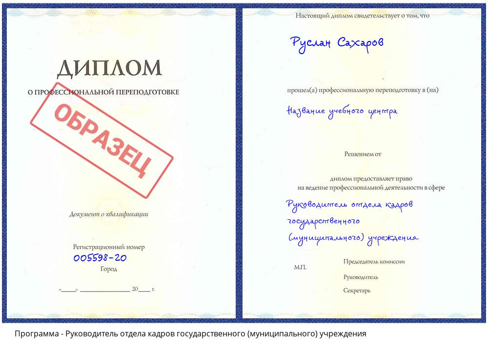 Руководитель отдела кадров государственного (муниципального) учреждения Пугачёв
