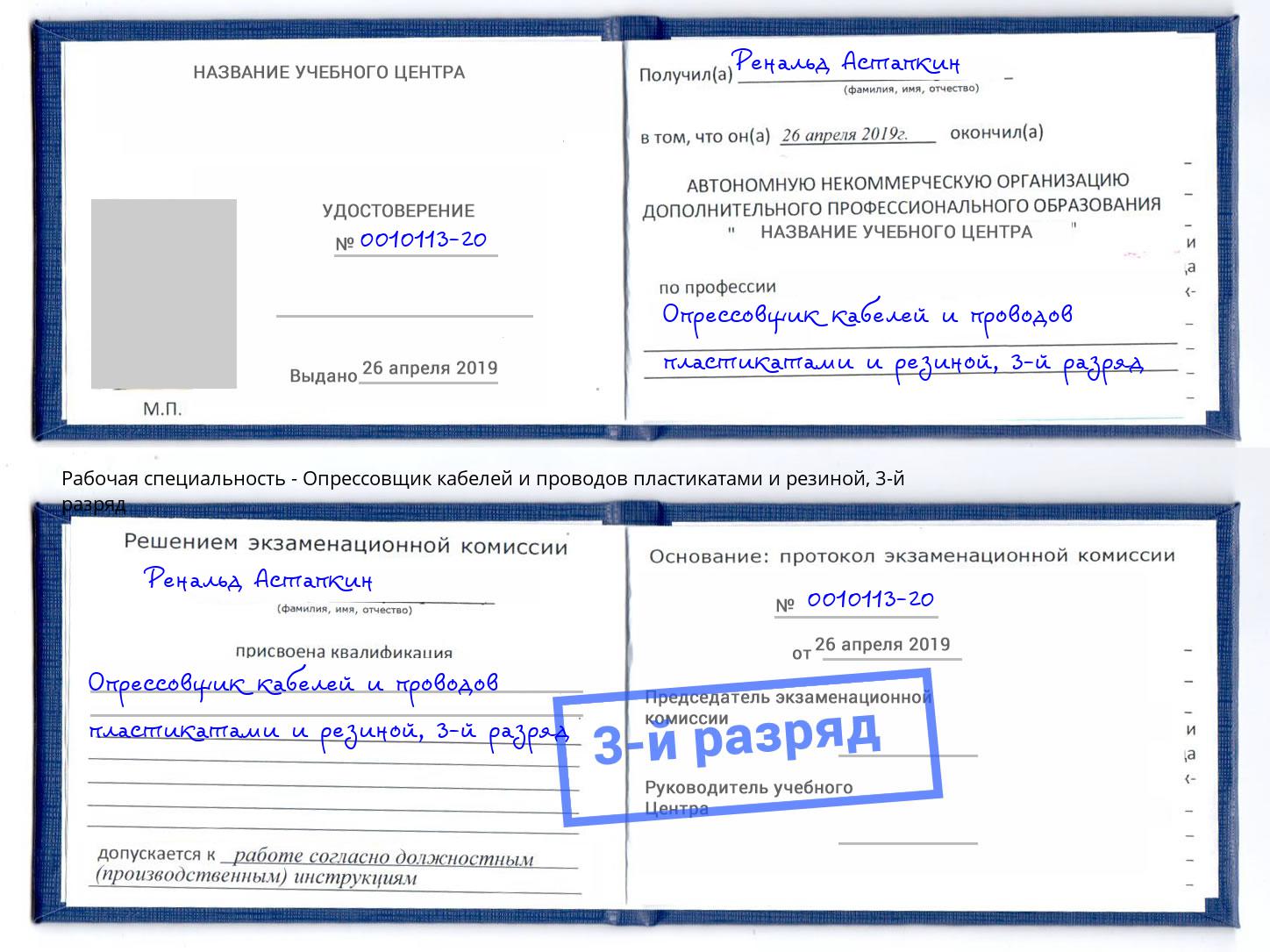 корочка 3-й разряд Опрессовщик кабелей и проводов пластикатами и резиной Пугачёв