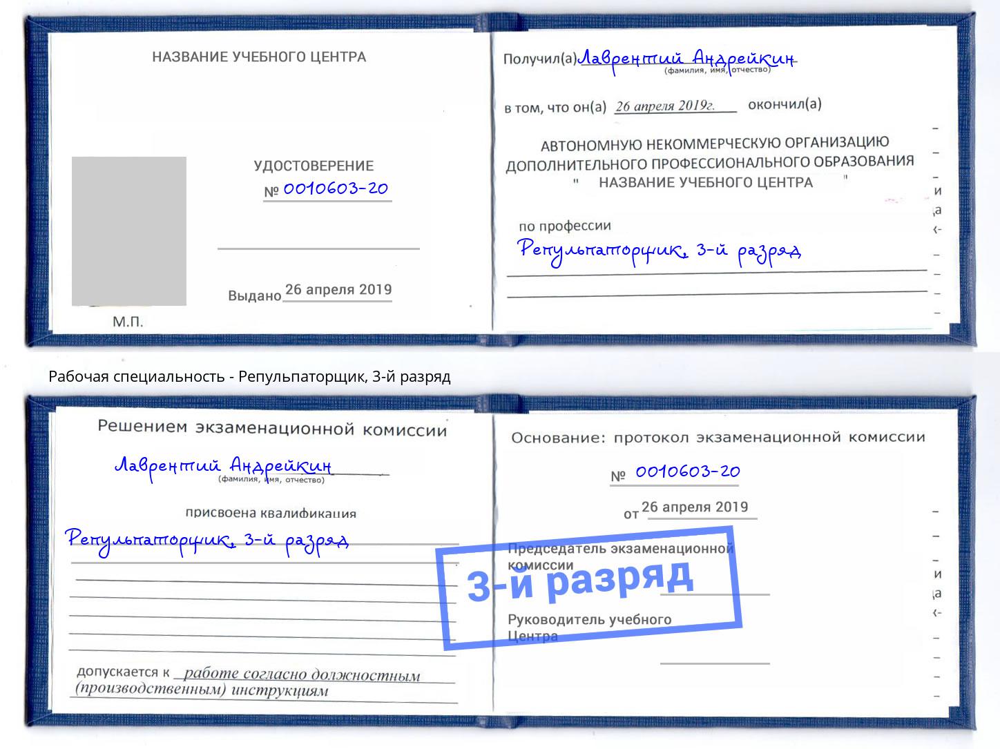 корочка 3-й разряд Репульпаторщик Пугачёв