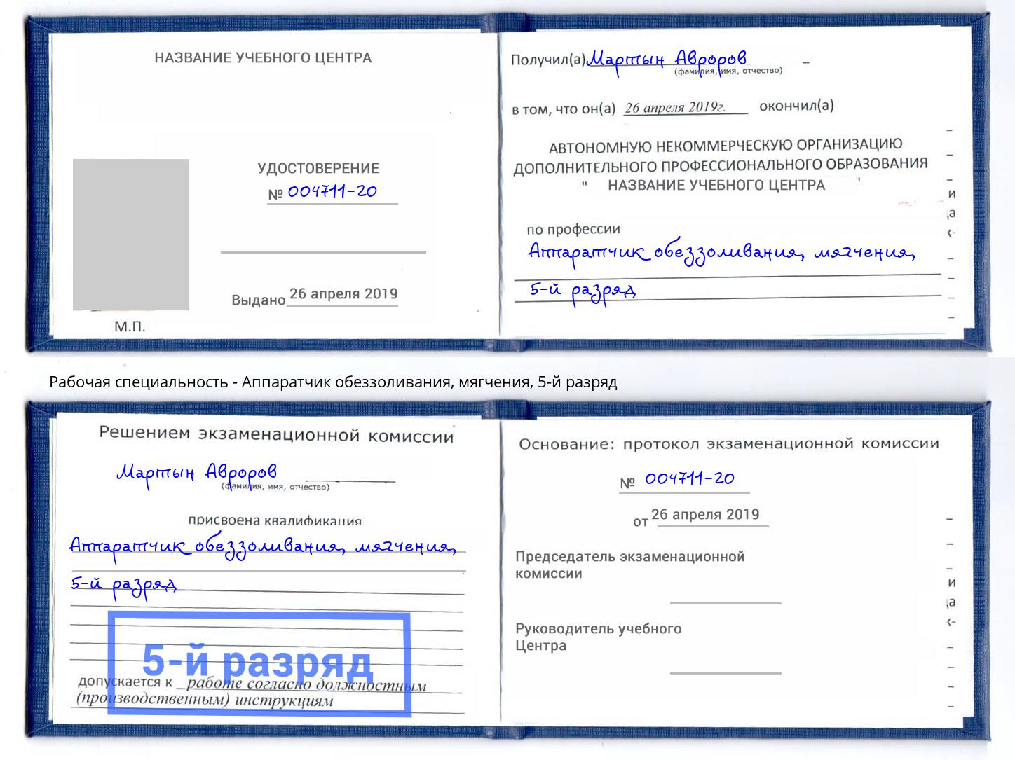 корочка 5-й разряд Аппаратчик обеззоливания, мягчения Пугачёв