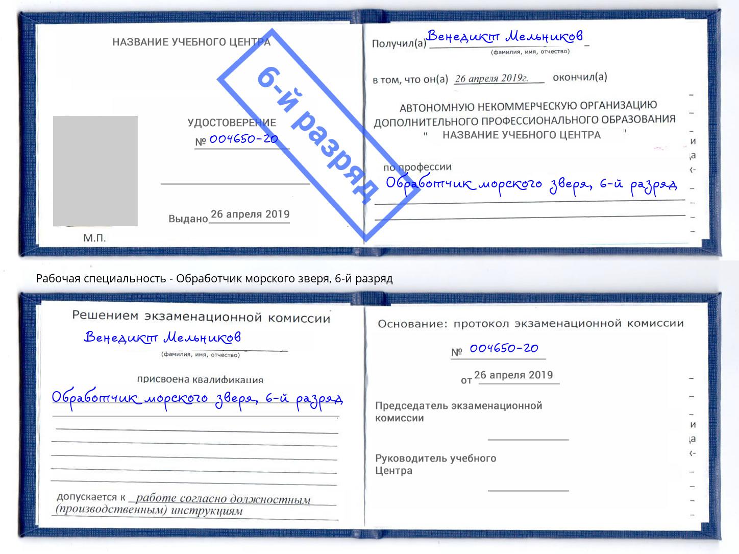 корочка 6-й разряд Обработчик морского зверя Пугачёв