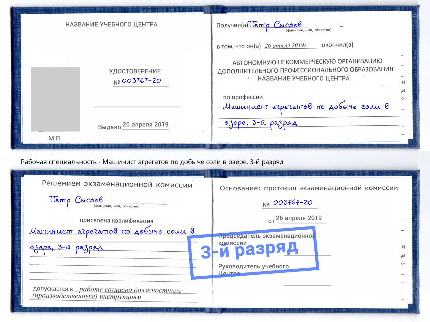 корочка 3-й разряд Машинист агрегатов по добыче соли в озере Пугачёв