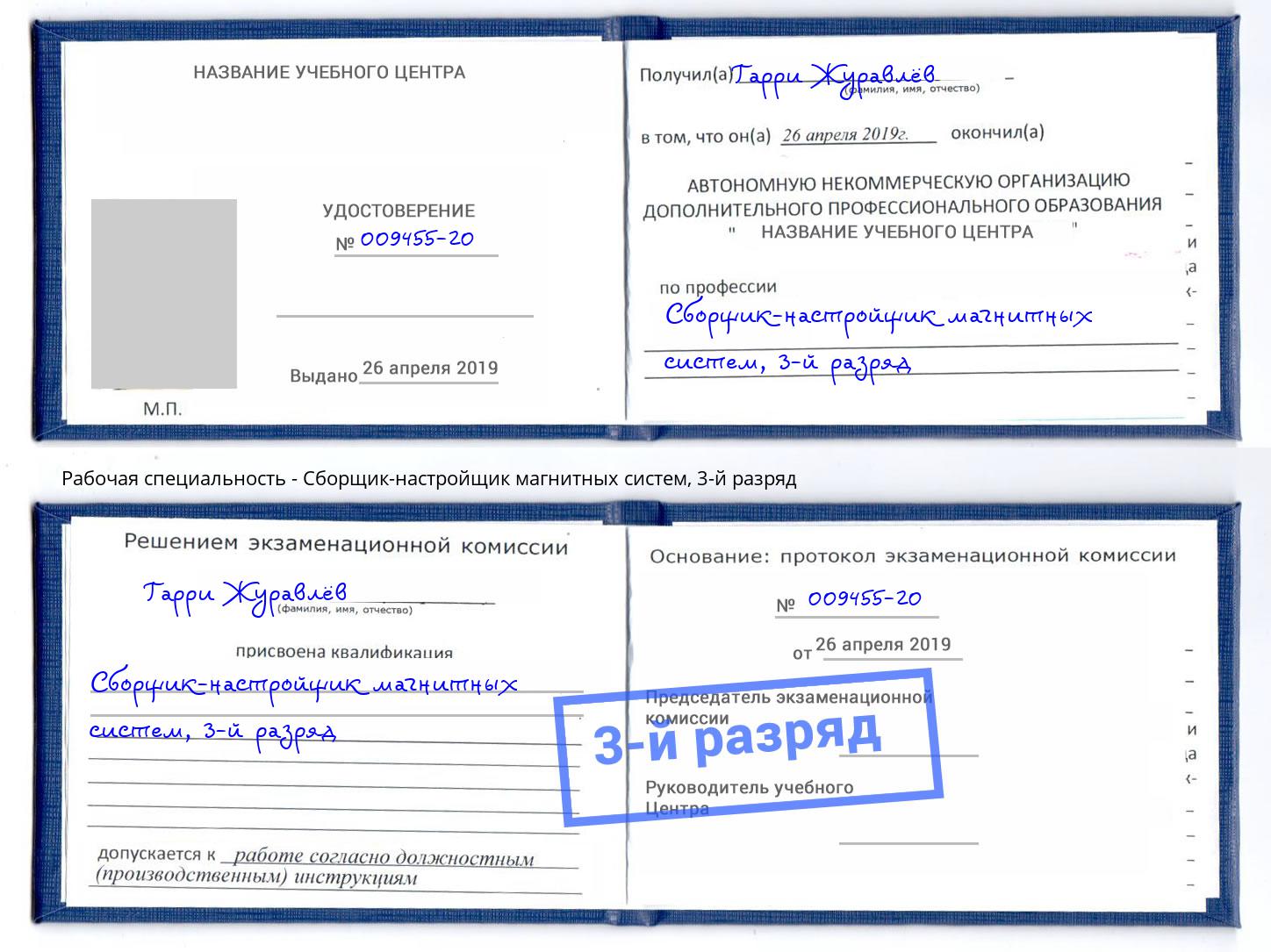 корочка 3-й разряд Сборщик-настройщик магнитных систем Пугачёв