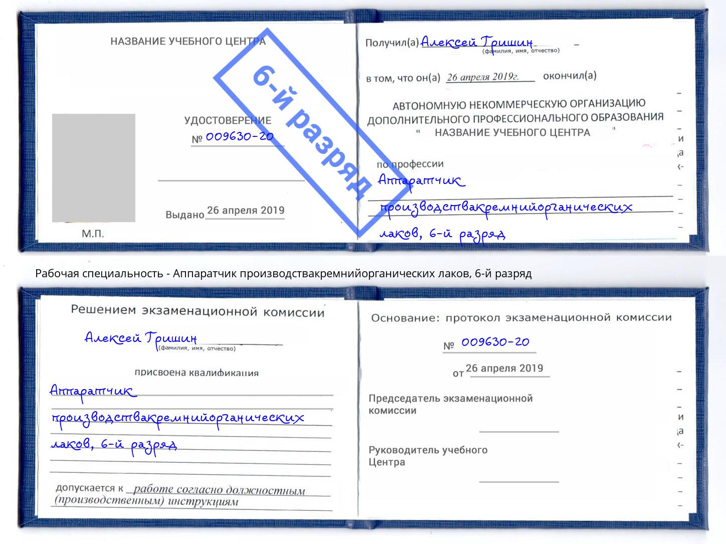 корочка 6-й разряд Аппаратчик производствакремнийорганических лаков Пугачёв