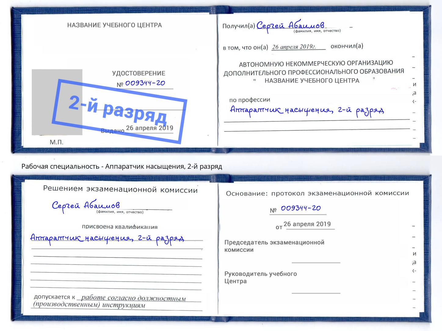 корочка 2-й разряд Аппаратчик насыщения Пугачёв