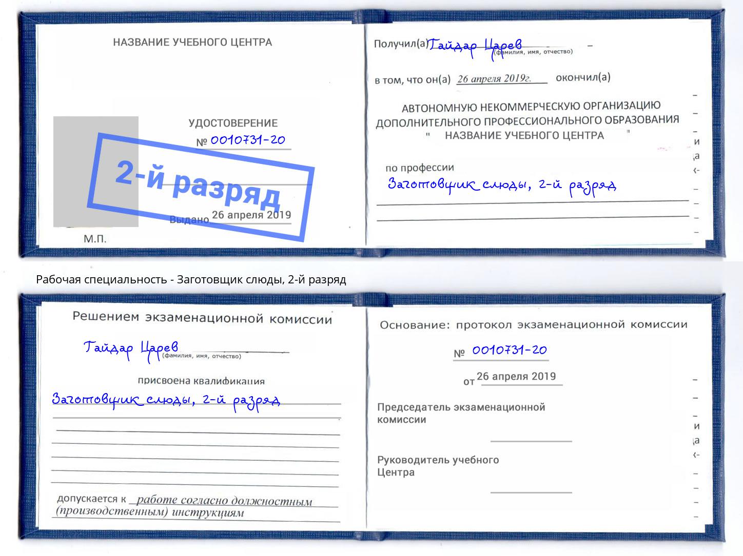 корочка 2-й разряд Заготовщик слюды Пугачёв