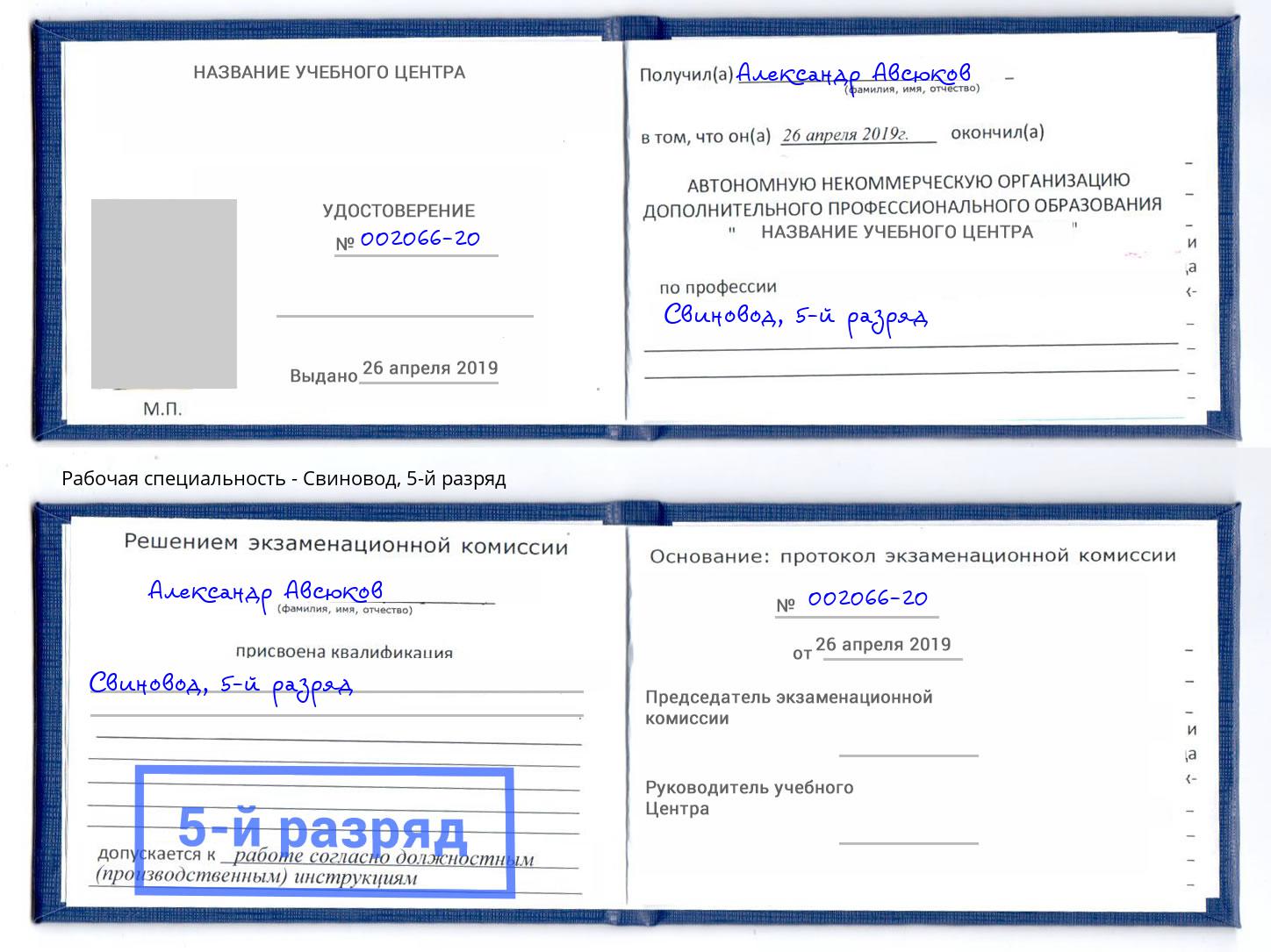 корочка 5-й разряд Свиновод Пугачёв