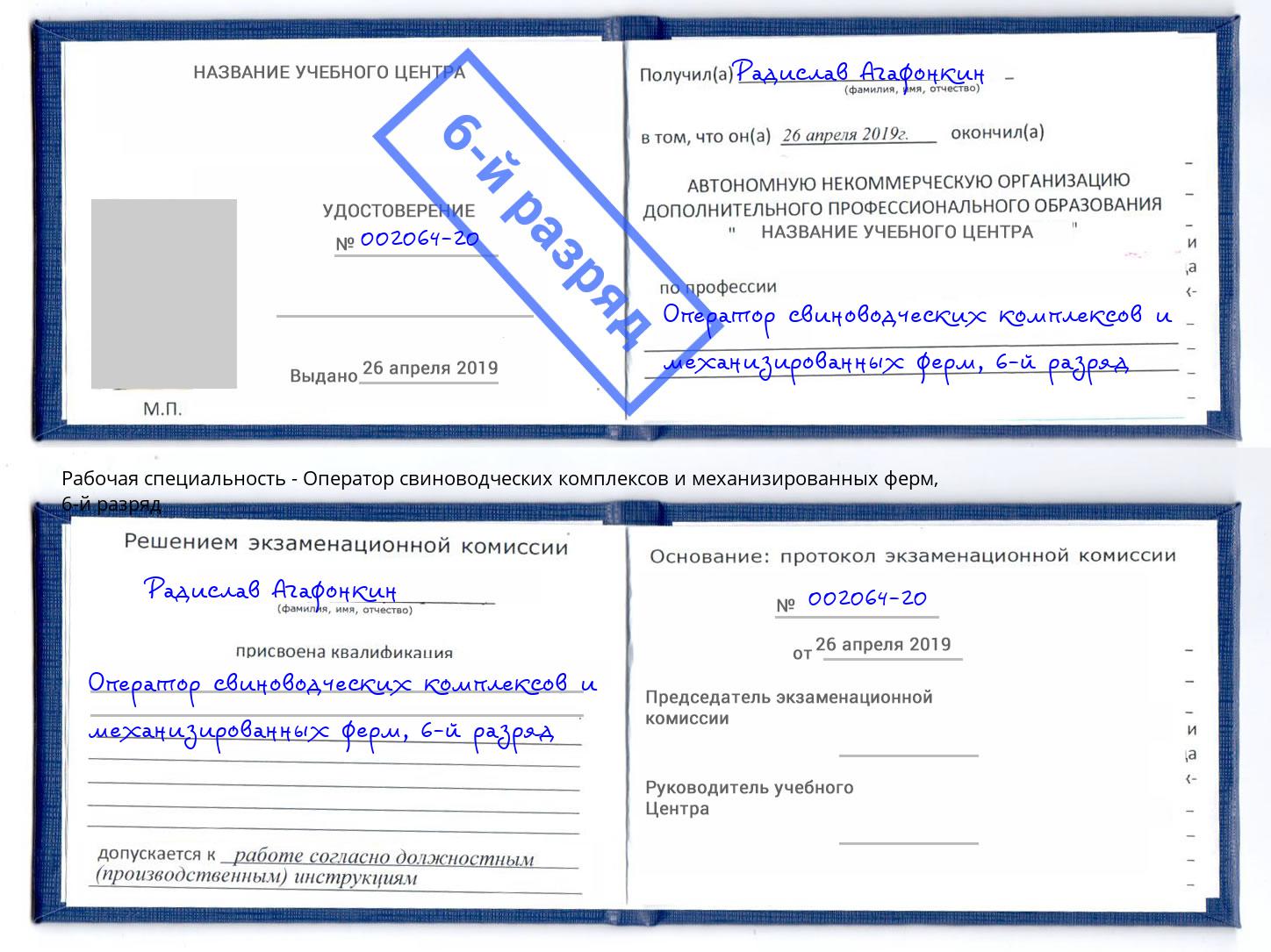 корочка 6-й разряд Оператор свиноводческих комплексов и механизированных ферм Пугачёв