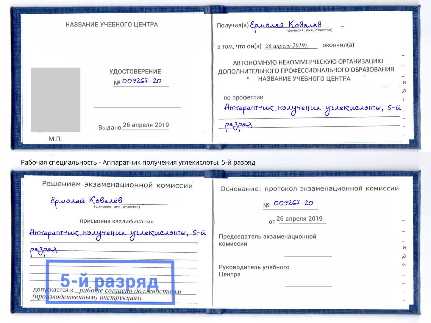 корочка 5-й разряд Аппаратчик получения углекислоты Пугачёв
