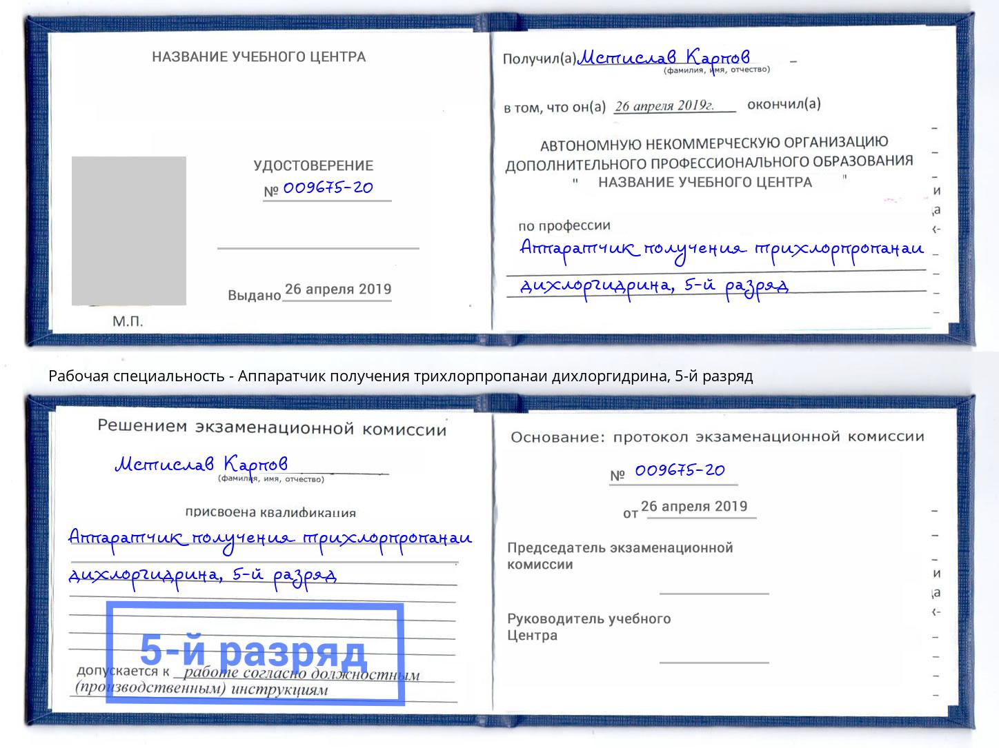 корочка 5-й разряд Аппаратчик получения трихлорпропанаи дихлоргидрина Пугачёв