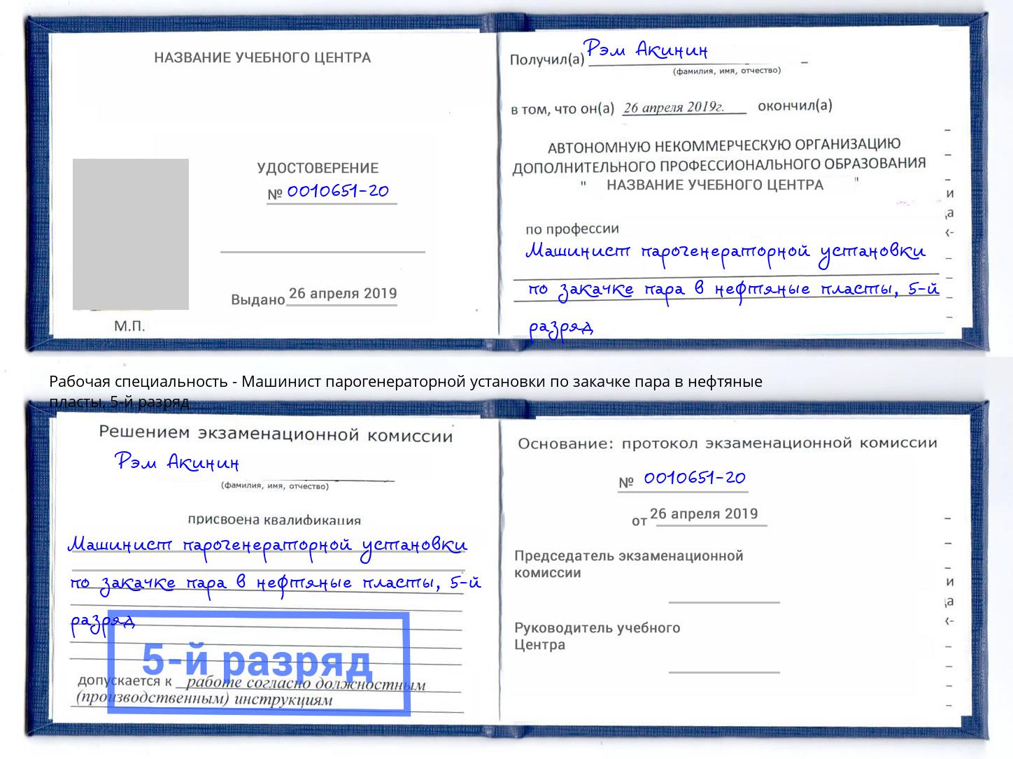 корочка 5-й разряд Машинист парогенераторной установки по закачке пара в нефтяные пласты Пугачёв