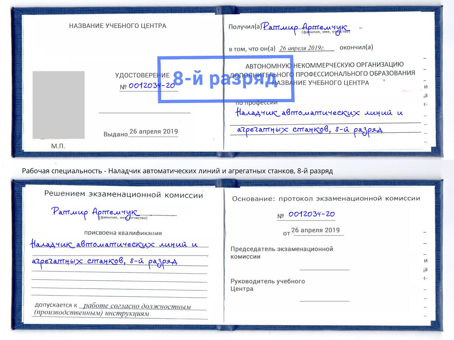 корочка 8-й разряд Наладчик автоматических линий и агрегатных станков Пугачёв